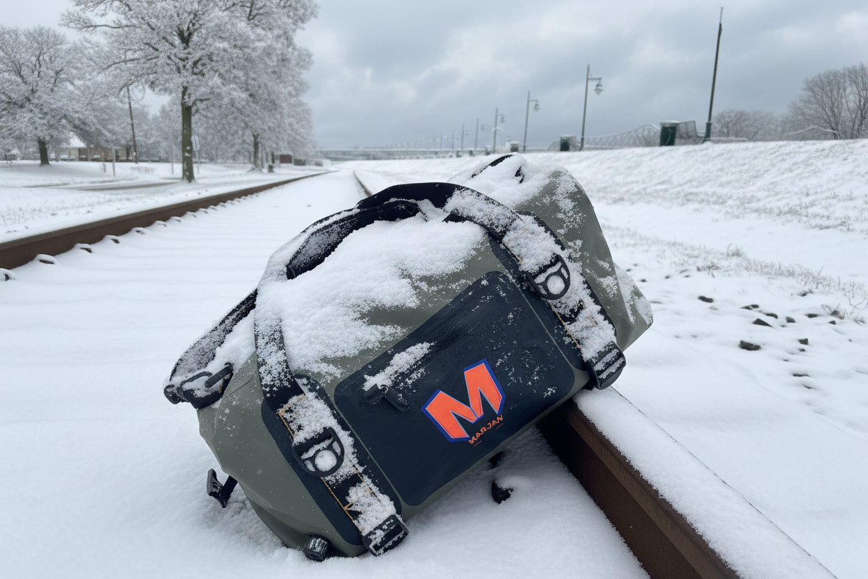 Snow-Covered Waterproof Duffel Bag Banner