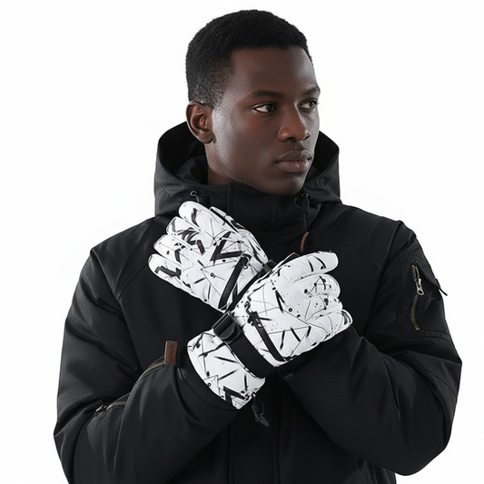 Winter Thermal Gloves - White Graffiti Print with Black Male Model