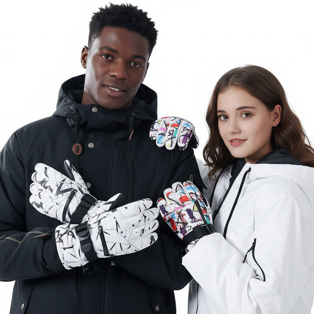 Winter Thermal Gloves - White Graffiti Print with Diverse Models