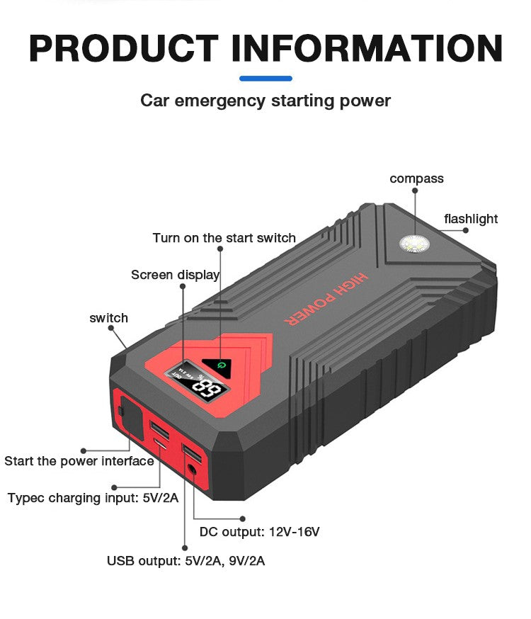 Multifunctional 1600A Peek Car Emergency Starting Power Supply and Flashlight