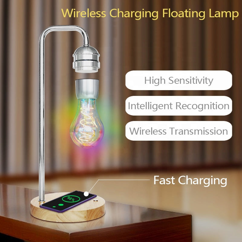 Smart Phone Wireless Charge Table LED Bulb Desk Wood Grain Floating Light Magnetic Levitating Lamp