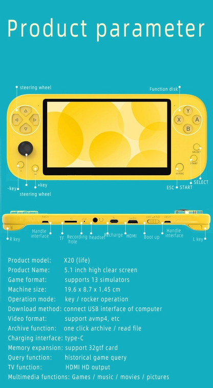 X20 Retro Video Game Console 5.1 Inch Display Screen 8GB Classic Handheld Gaming Consoles 8Bit Game Player - marjan nyc inc